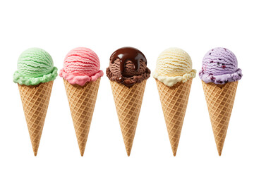 Colorful Ice Cream Cones Variety Of Flavors Isolated On White Background Summer Treats