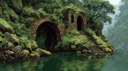 Stone structure surrounded by lush vegetation and water