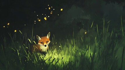 Fox in Night Meadow with Firefly Glow.