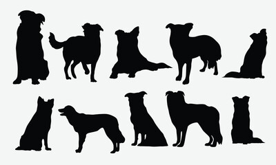 Border Collie Dog Silhouette Bundle, Illustration With Hand-Lettering And Decoration Elements, Silhouette Cameo, Eps, Files For Cutting.