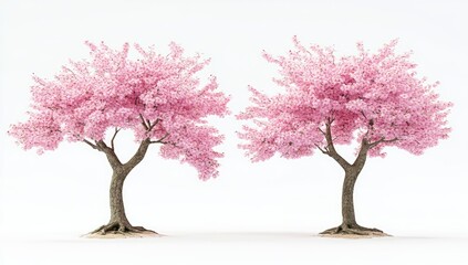 Obraz premium Two vibrant pink cherry blossom trees, full bloom, isolated on a white background. Their delicate pink blossoms cascade down the full height of the trees. Roots are visible at the base