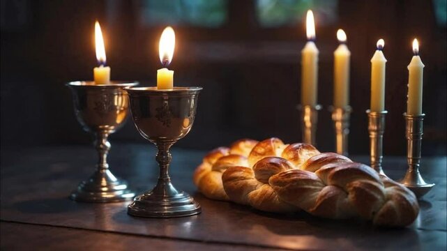 Shabbat candles silver Kiddush cup filled with wine and a braided challah bread
