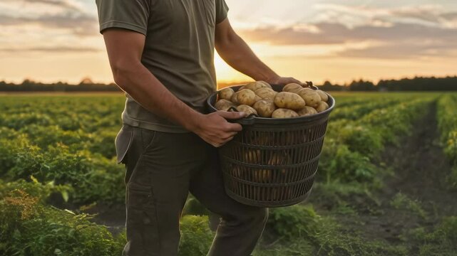 Man harvesting fresh potatoes at sunset in green field. Farmer holding basket of organic vegetables. Agriculture and farming concept for food production.