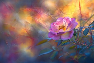 Soft focus rose in vibrant colors.  Blushing pink rose center,  with pale yellow, surrounded by abstract