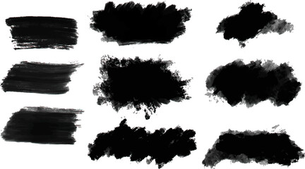 Brush paint vector set. Messy ink brush strokes, blots, daubs. Chinese, Japanese, Korean calligraphy strokes. Black abstract messy spot collection. Grungy frames pack.