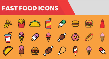 Fast Food Line Icons – Colored Vector Set of Burgers, Fries, Pizza, Soda, Hot Dogs, Snacks.