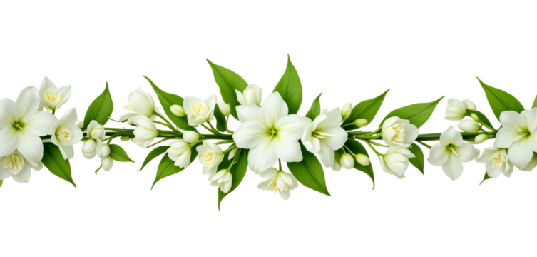 Beautiful white flower vine blooming, border decoration, card, isolated on background.