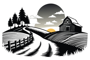 Woodcut displays a barn near a road with rolling hills and a gray moon