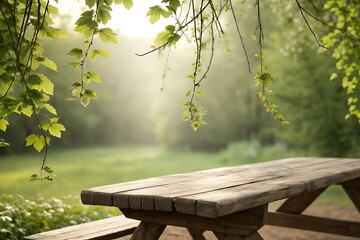 Naklejka premium A wooden picnic table sits beneath green leaves in a serene outdoor setting