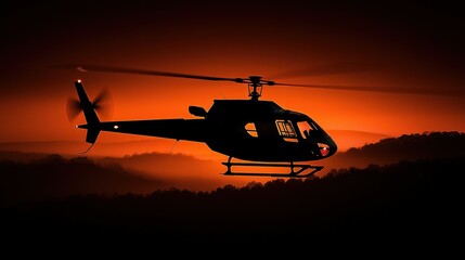 A helicopter silhouette flies above the hills at sunset or sunrise