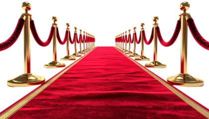Striding along a lavish red carpet edged in gold, you’re immersed in the glamour and prestige of a high-profile VIP gala or film premiere — all set against a clean white backdrop
