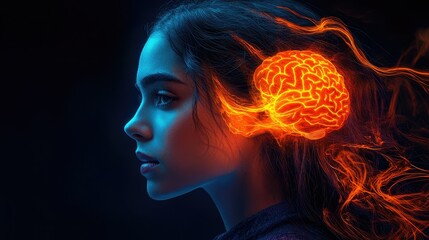 Woman with glowing brain, profile view