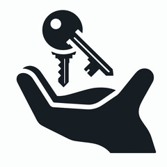  very simple flat and single minimalist Hand Giving Keys Silhouettes in black on a white background