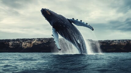 Fototapeta premium A striking photograph of a humpback whale breaching the ocean's surface, captured in mid-leap with dramatic splashes of water.