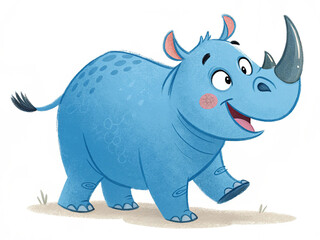 Fototapeta premium Cute Blue Rhino Character isolated on white background. A playful blue rhino cartoon character isolated on a white background, perfect for children s illustrations or educational designs