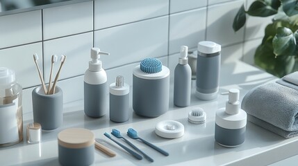 Modern bathroom toiletries arranged on a white countertop