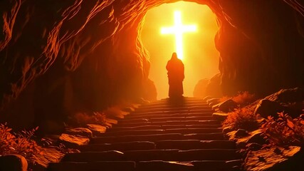 A silhouette of a figure ascending stone steps in a cave illuminated by a glowing cross at the top