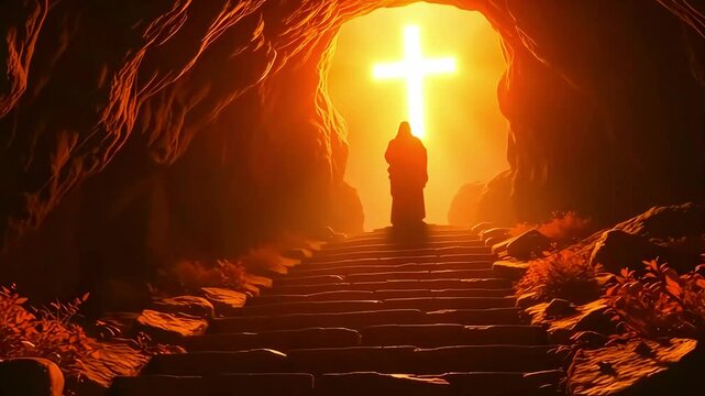 A silhouette of a figure ascending stone steps in a cave illuminated by a glowing cross at the top