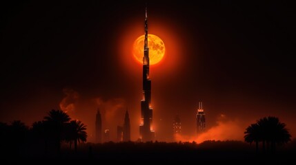 Obraz premium A tall illuminated building standing before a large vibrant sunset