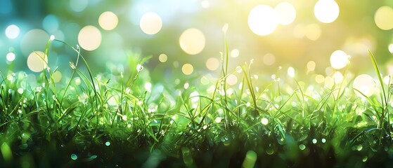 Obraz premium Lush Green Grass with Dew Drops and Glowing Bokeh Background