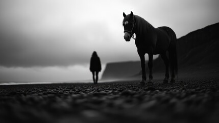 A moody grayscale scene of a horse on a beach, with a distant silhouetted person
