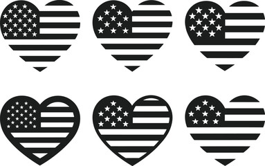 Obraz premium Set of Heart-Shaped American Flag Silhouette Vectors for Independence Day USA