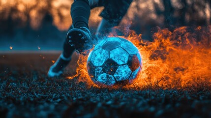 A soccer player kicks a blazing ball