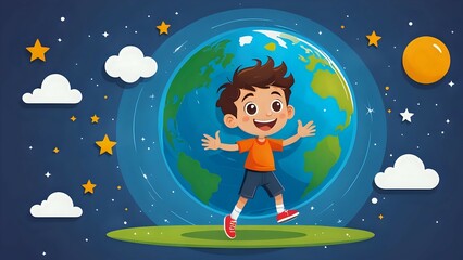 Joyful Child Playing with Earth Globe, Stars, Clouds, Sun