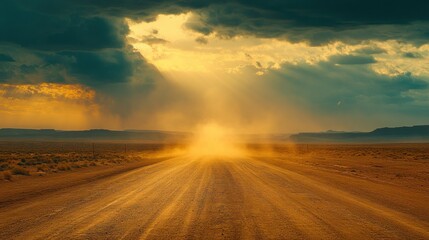 Dusty road stretches into a golden sunset, backlit by dramatic clouds.  Dust particles swirl in the air, creating a captivating scene