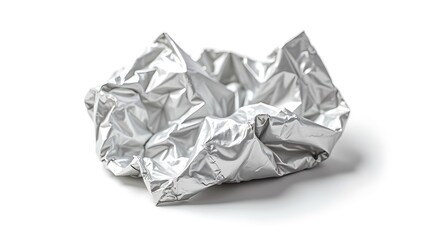 Crumpled Aluminum Foil Isolated, Reflective Surface Texture, White Background