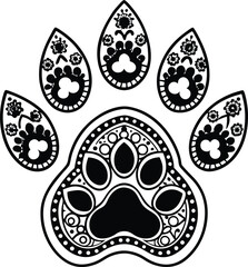 Black and white paw print icon vector with a floral spring pattern design element