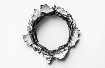 Circular, textured, cracked frame.  A ring of fragmented, layered material creates a hollow circle against a plain background.  Dark, organic patterns are evident in the cracks and edges