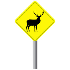 Deer silhouette wildlife crossing sign board vector illustration set.Readily editable and usable wild animal yellow sign graphic element.Beautiful and unique horned deer bright yellow caution boards.