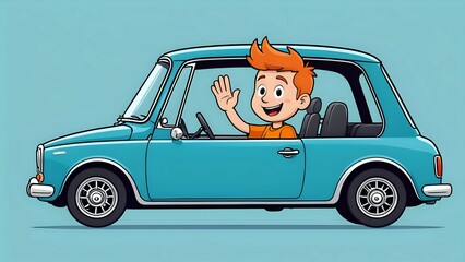 Happy Boy Driving Classic Teal Mini Car Waving