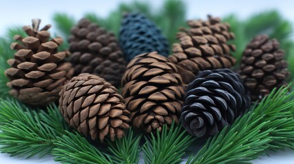 Green evergreen pine tree branch holds brown coniferous cones, a natural winter decoration