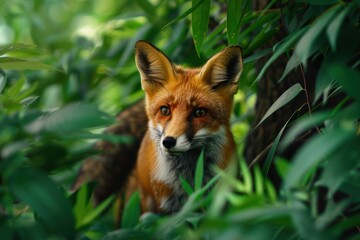 Naklejka premium A fox stands still in the forest, alert and serene. Surrounded by dense foliage, its amber eyes reflect curiosity and instinct. Nature elegance meets wild awareness.