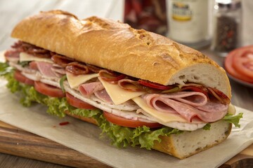 Obraz premium Delicious Toasted Sub Sandwich with Deli Meats and Cheeses