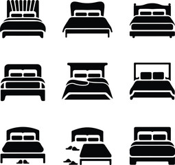 Double Bed Silhouette Set | Furniture Icon Pack for Interior Design Modern Bed Icon Silhouettes | Bedroom, Sleep, and Hotel Symbols