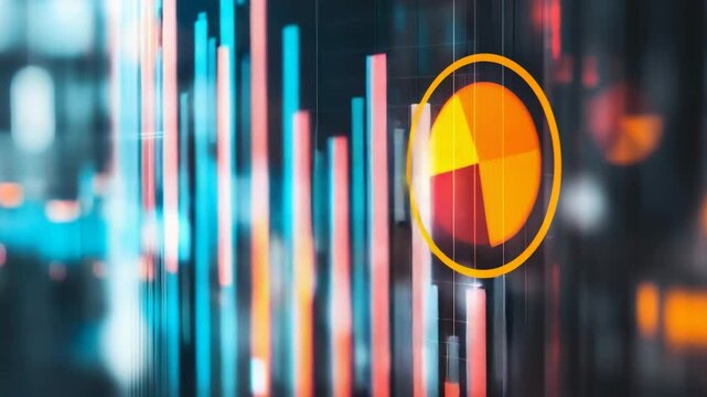 Data visualization with charts and graphs overlaid on a blurred urban background
