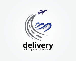 creative logistic logo, airplane with smoke forming a road and ship beside it, logo design template