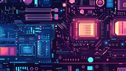 Fototapeta premium Neon Motherboard Circuitry Closeup.
