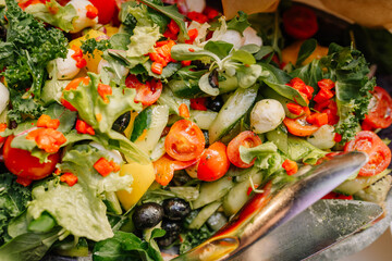 Colorful mixed salad with lettuce, cherry tomatoes, cucumbers, olives, mozzarella balls, and red peppers, served fresh in a catering bowl..