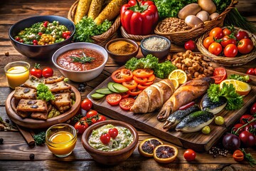 Table with a variety of food including a bowl of soup, a bowl of salad. graphic, vector, illustration, art, icon, design, clipart, sketch, watercolor, mockup, cartoon, abstract, digital, background