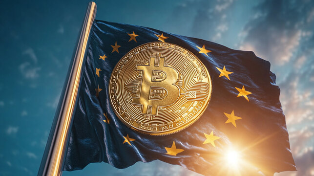 A gold bitcoin coin on a waving EU flag — a symbol of digital assets, financial policy and European integration - Powered by Adobe