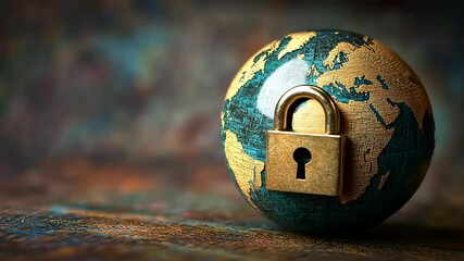 A globe with a padlock symbolizing global security and privacy concerns in a textured background