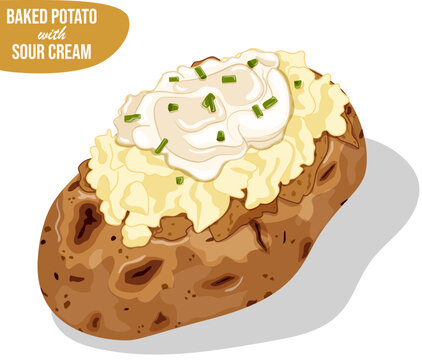 Baked Potato with Sour Cream and Chives Toppings. Jacket Potato Detailed Cartoon Vector Art