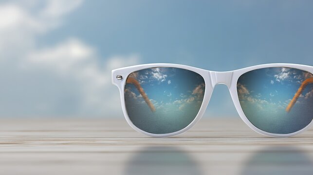 Black plastic sunglasses offer eye protection from the summer sun on a white sandy beach