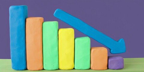 Fototapeta premium Financial decline chart in green and blue tones with downward arrow on purple surface