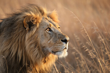 Fototapeta premium Majestic lion in golden savanna at sunset. Close-up of a powerful male lion gazing into the distance, bathed in warm golden light across the dry savanna grasslands