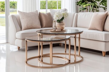 3-piece clear glass coffee table with gold frame, round shape, placed in front of sofa and armchair, cozy living room or office interior.